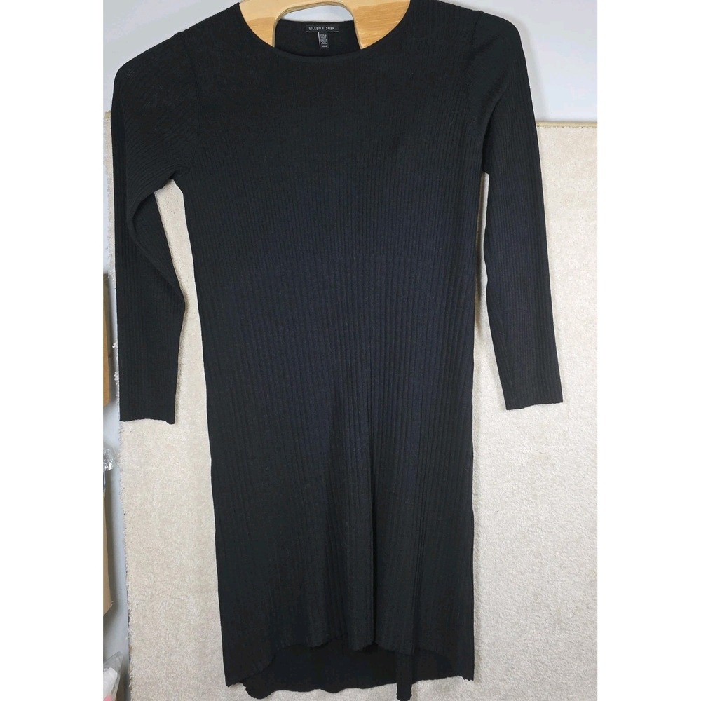 Eileen Fisher Sweater Dress Womens M Black Wool Ribbed Knit Long Sleeve Midi